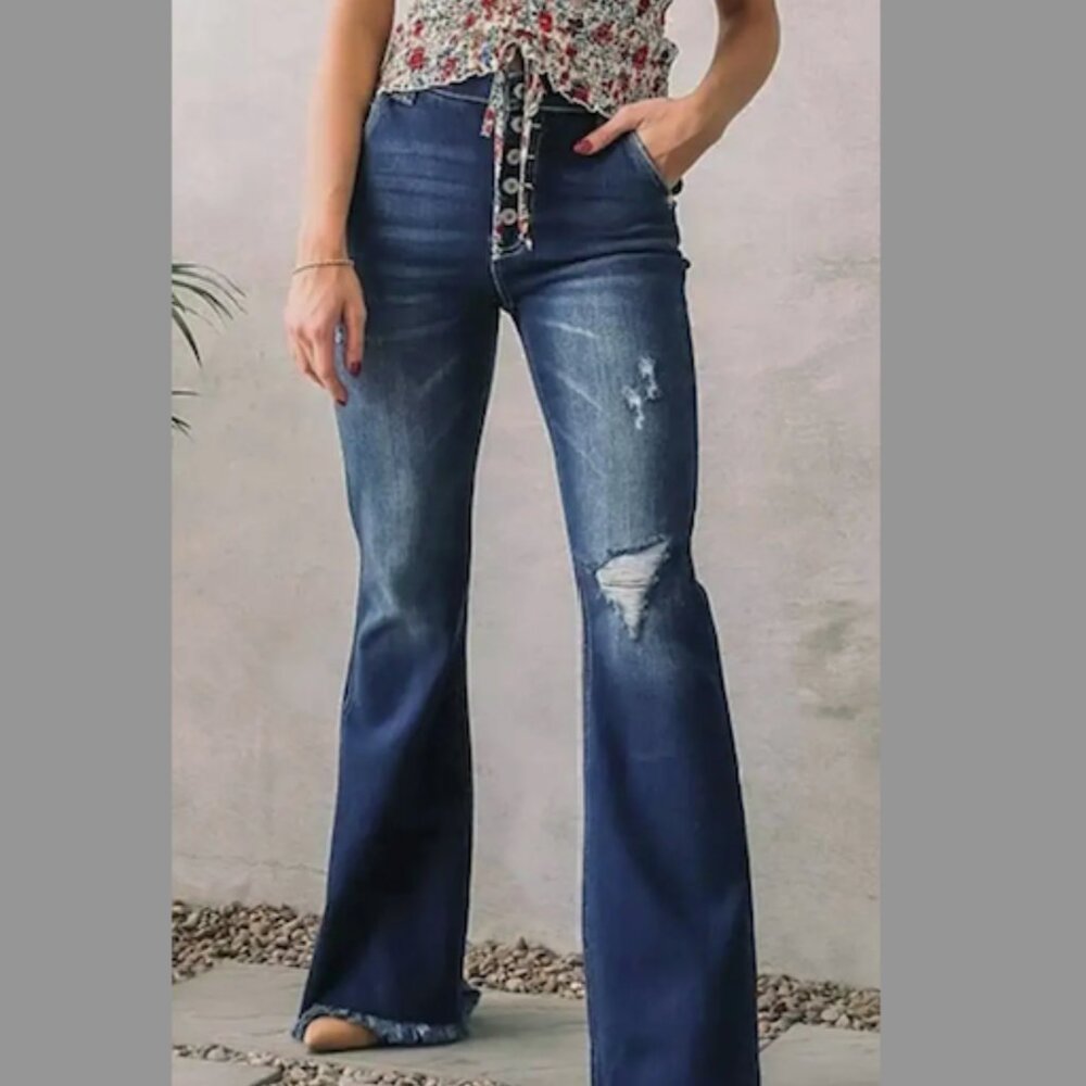 Dark Blue High Rise Stretch Flared Denim Jeans XL 31 NEW